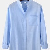 Long Sleeved Linen Stand Collar Shirt & Straight Leg Linen Pants Set