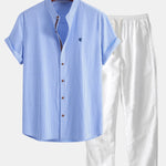 Short Sleeve Cotton Stripe Stand Collar Shirt & Linen Pants Set