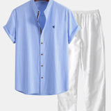 Short Sleeve Cotton Stripe Stand Collar Shirt & Linen Pants Set