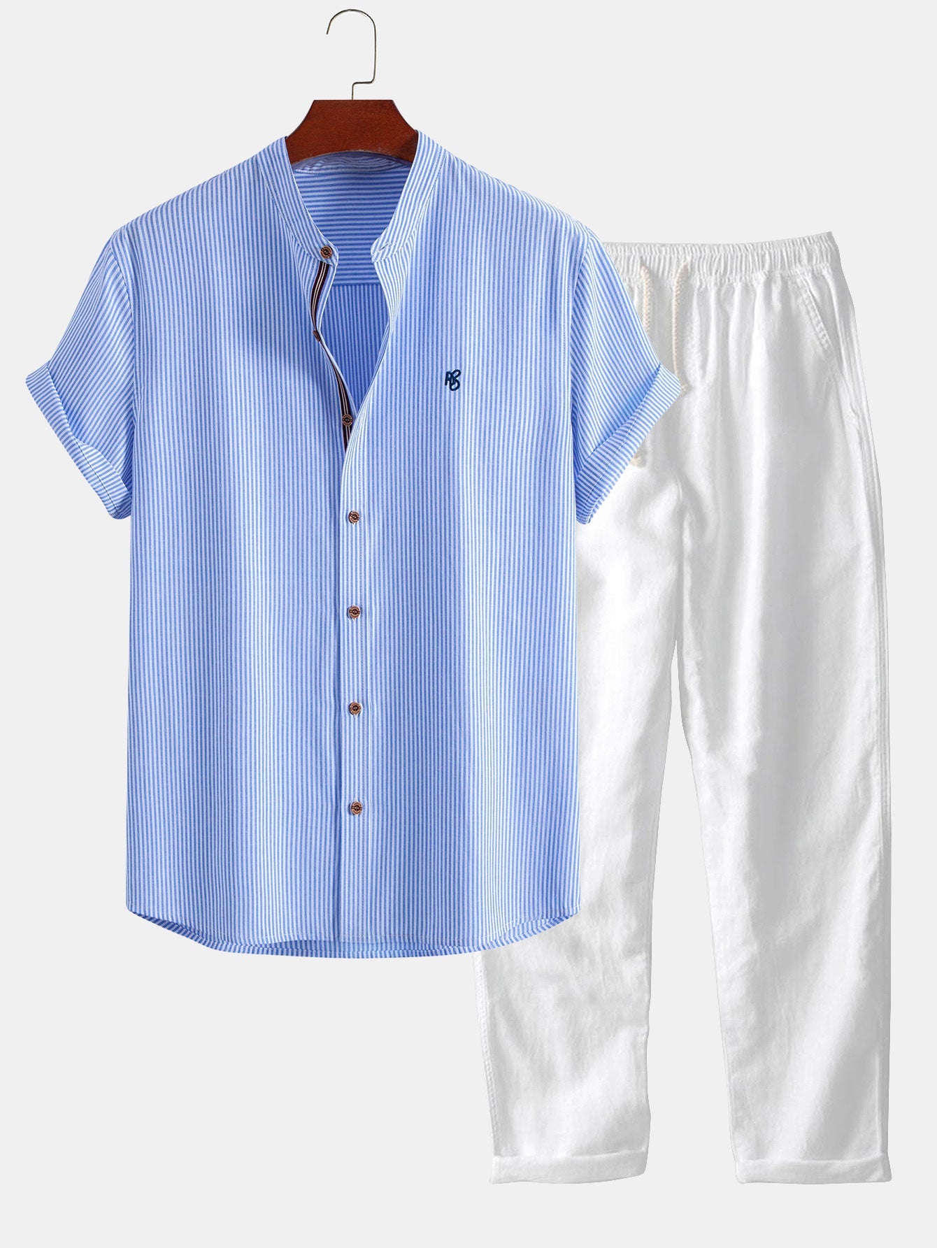 Short Sleeve Cotton Stripe Stand Collar Shirt & Linen Pants Set