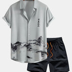 Ink Mountain and River Shirt & Man Mid Length Drawstring Swim Shorts Set