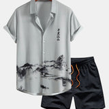 Ink Mountain and River Shirt & Man Mid Length Drawstring Swim Shorts Set