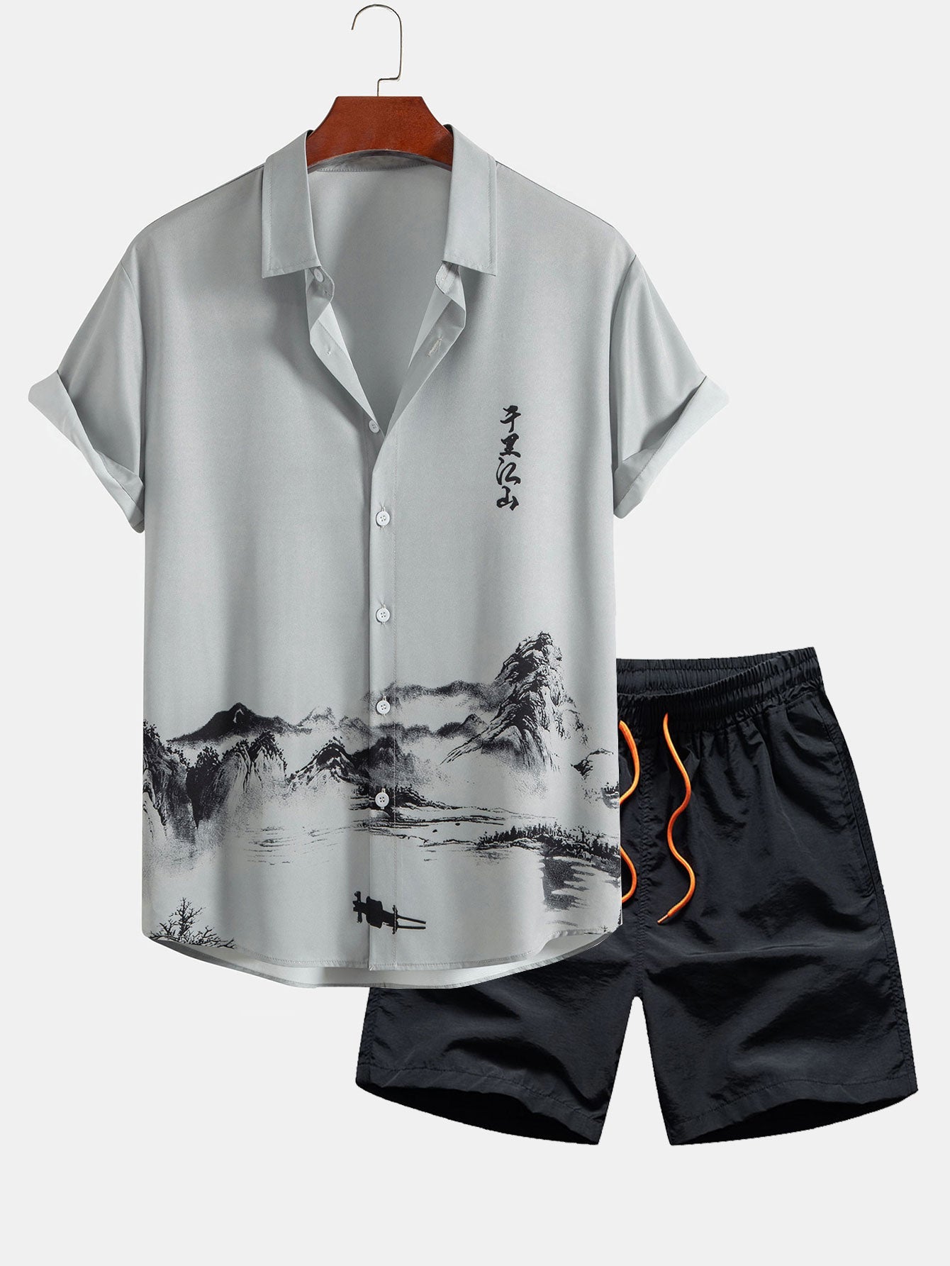 Ink Mountain and River Shirt & Man Mid Length Drawstring Swim Shorts Set