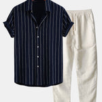 Stripe Textured Shirt & Straight Leg Linen Pants Set