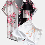 Two Tone Rose Print Shirt & Swim Shorts Set