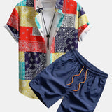 Color Block Paisley Print Shirt & Swim Shorts Set