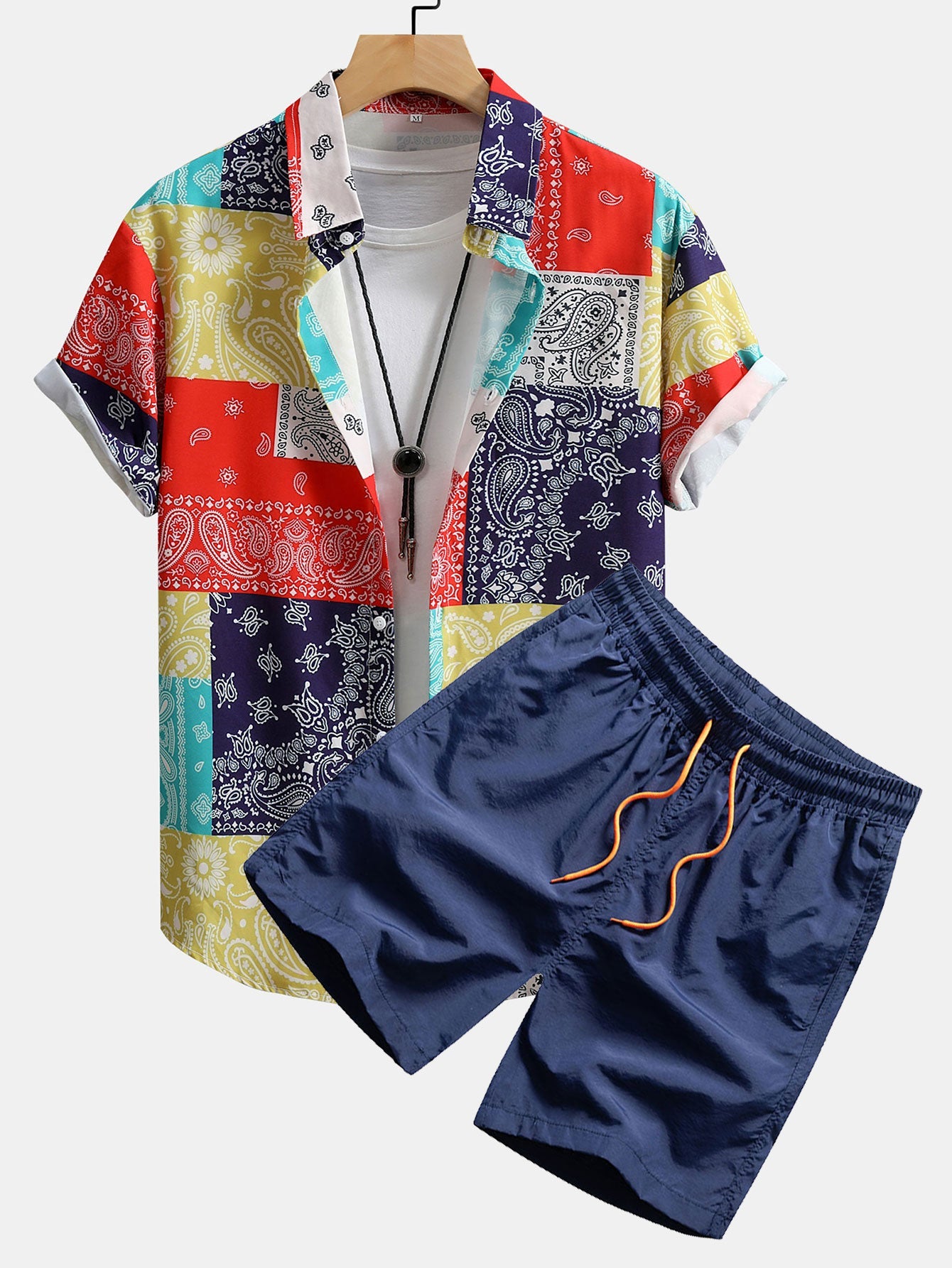 Color Block Paisley Print Shirt & Swim Shorts Set