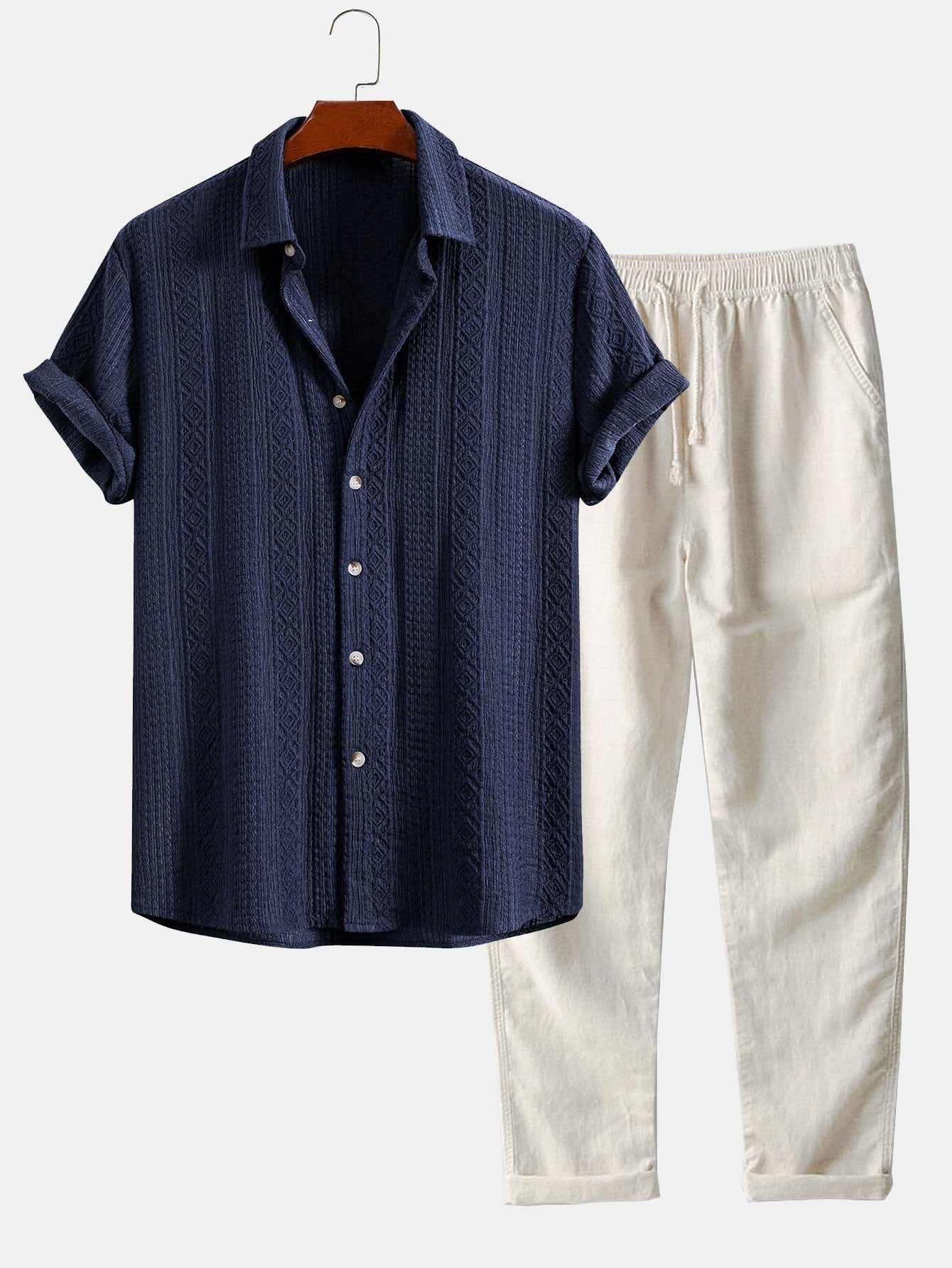 Geometric Jacquard Shirt & Straight Leg Linen Pants Set