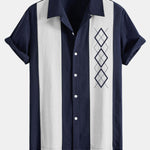 Geometric Rhombus Print Linen Patchwork Bowling Shirt