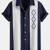 Geometric Rhombus Print Linen Patchwork Bowling Shirt