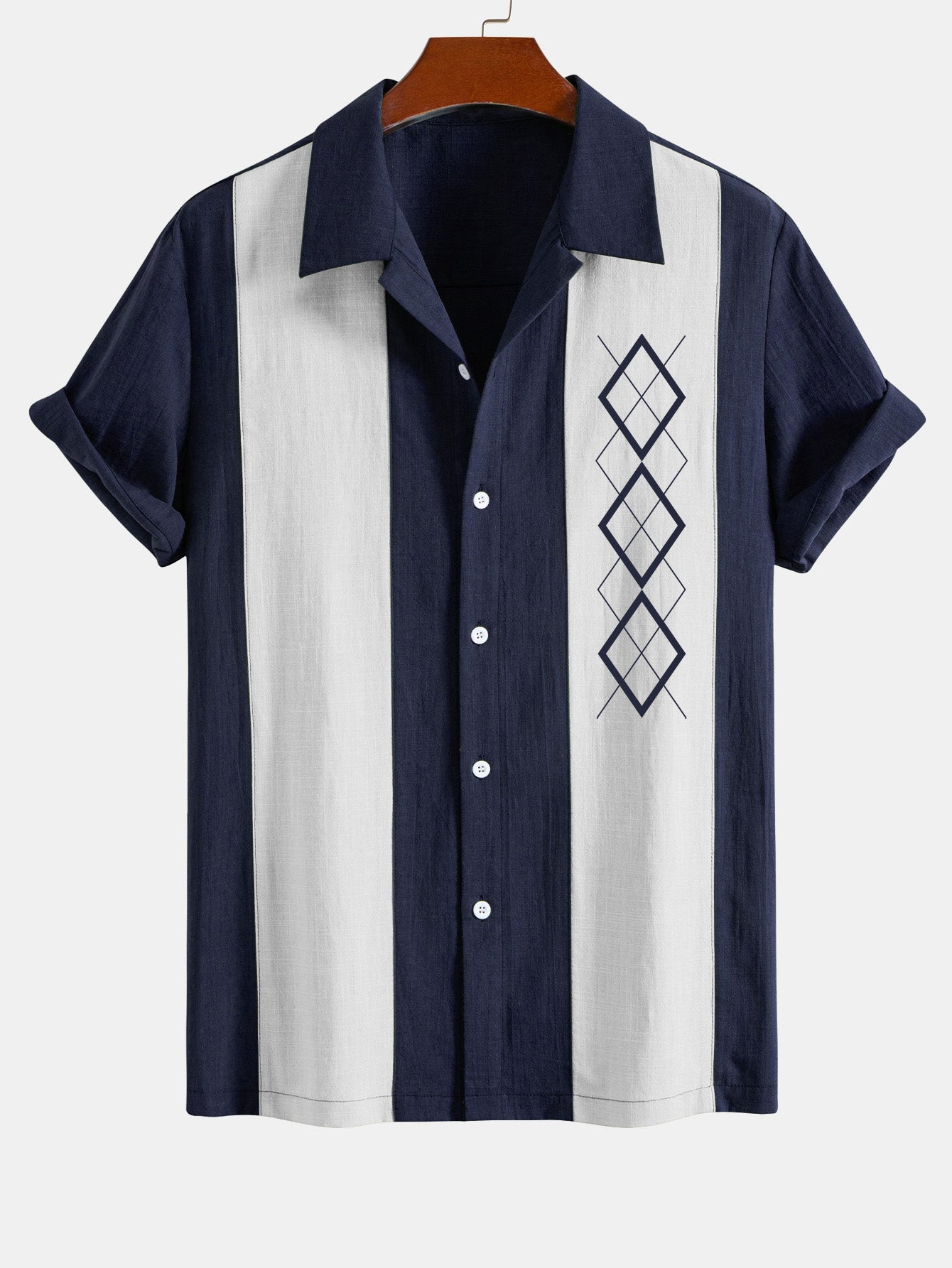 Geometric Rhombus Print Linen Patchwork Bowling Shirt