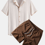 Contrast Stitching Linen Rayon Blend Cuban Shirt & Crinkle Textured Set