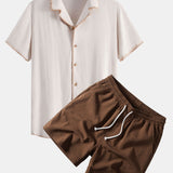 Contrast Stitching Linen Rayon Blend Cuban Shirt & Crinkle Textured Set