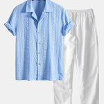 Geometric Jacquard Textured Cuban Shirt & Straight Leg Linen Pants Set