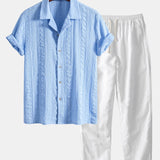 Geometric Jacquard Textured Cuban Shirt & Straight Leg Linen Pants Set