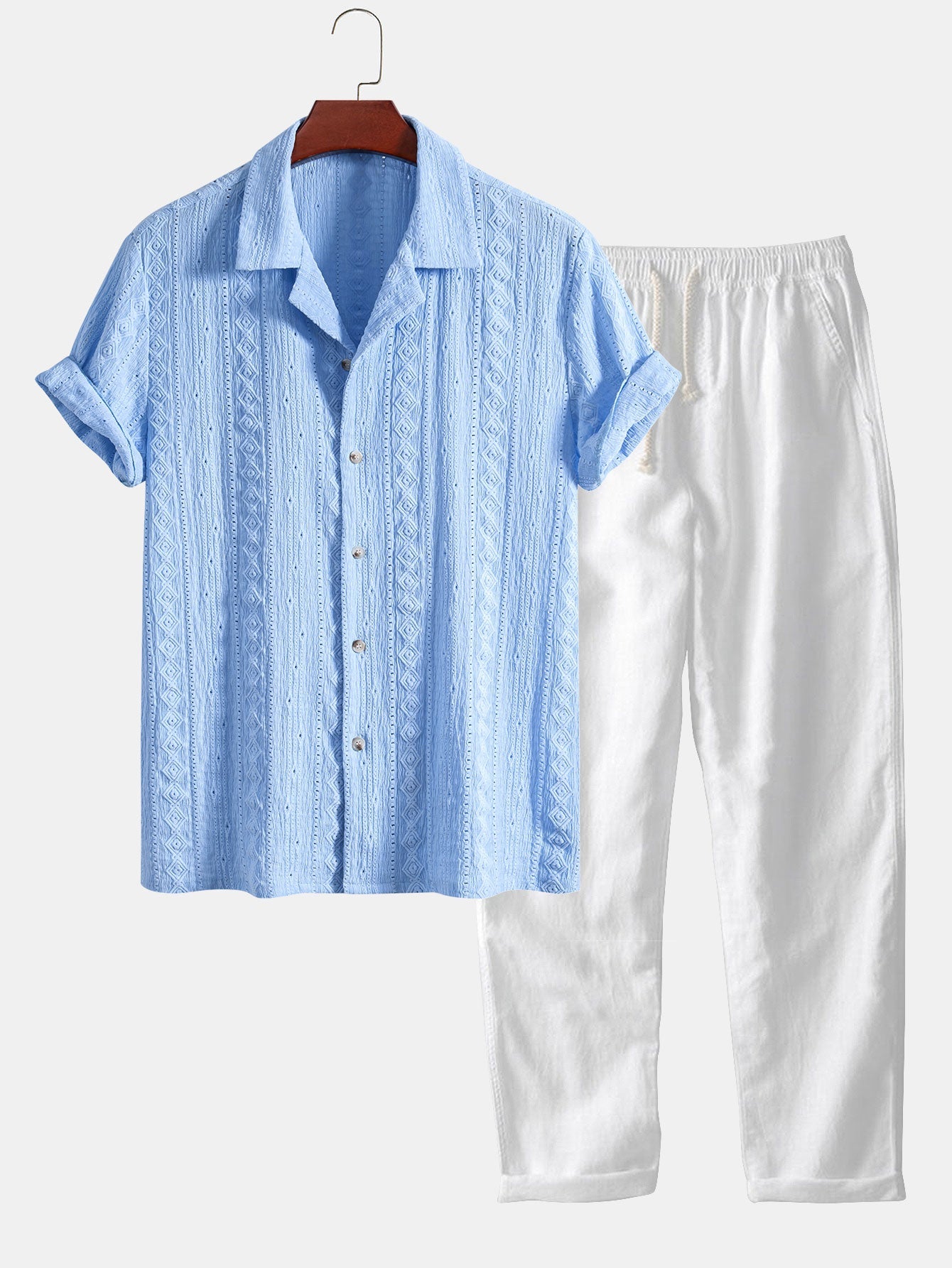 Geometric Jacquard Textured Cuban Shirt & Straight Leg Linen Pants Set