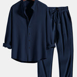 Long Sleeve Muscle Fit Ribbed Stand Collar Shirt & Ribbed Pants Set