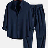 Long Sleeve Muscle Fit Ribbed Stand Collar Shirt & Ribbed Pants Set