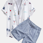 Palm Tree Nautical Print Shirt & Stripe Print Swim Shorts Set
