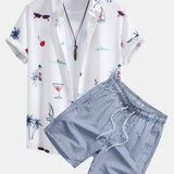 Palm Tree Nautical Print Shirt & Stripe Print Swim Shorts Set
