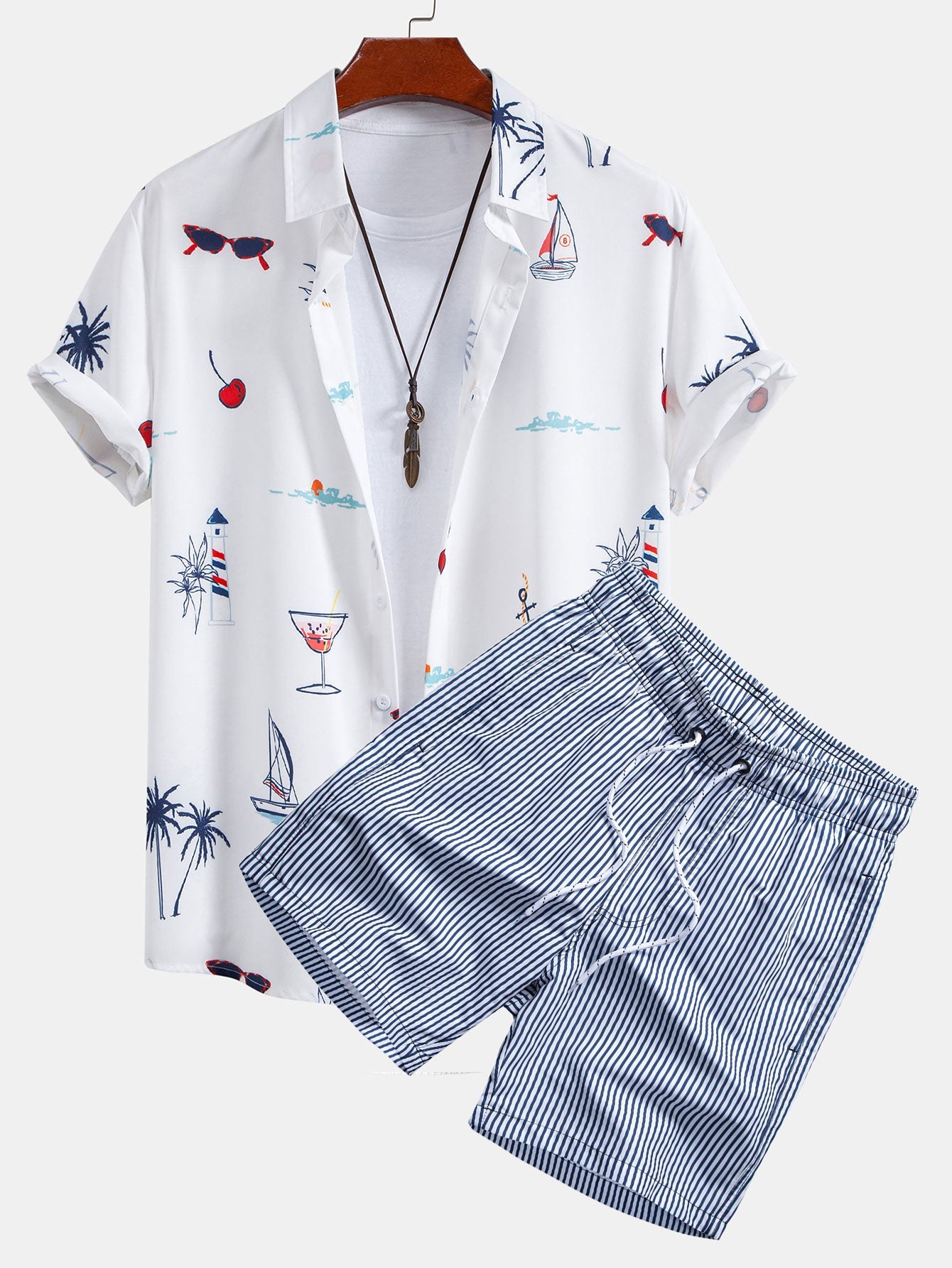 Palm Tree Nautical Print Shirt & Stripe Print Swim Shorts Set
