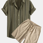 Geometric Striped Jacquard Shirt & Crinkled Textured Drawstring Shorts Set