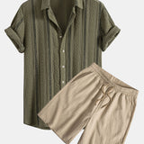 Geometric Striped Jacquard Shirt & Crinkled Textured Drawstring Shorts Set