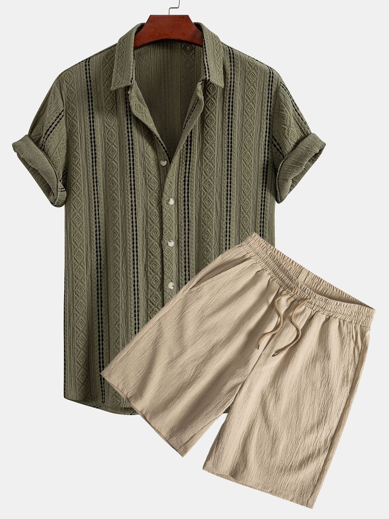 Geometric Striped Jacquard Shirt & Crinkled Textured Drawstring Shorts Set