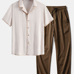 Contrast Stitching Linen Rayon Blend Cuban Shirt & Crinkle Textured Pants Set