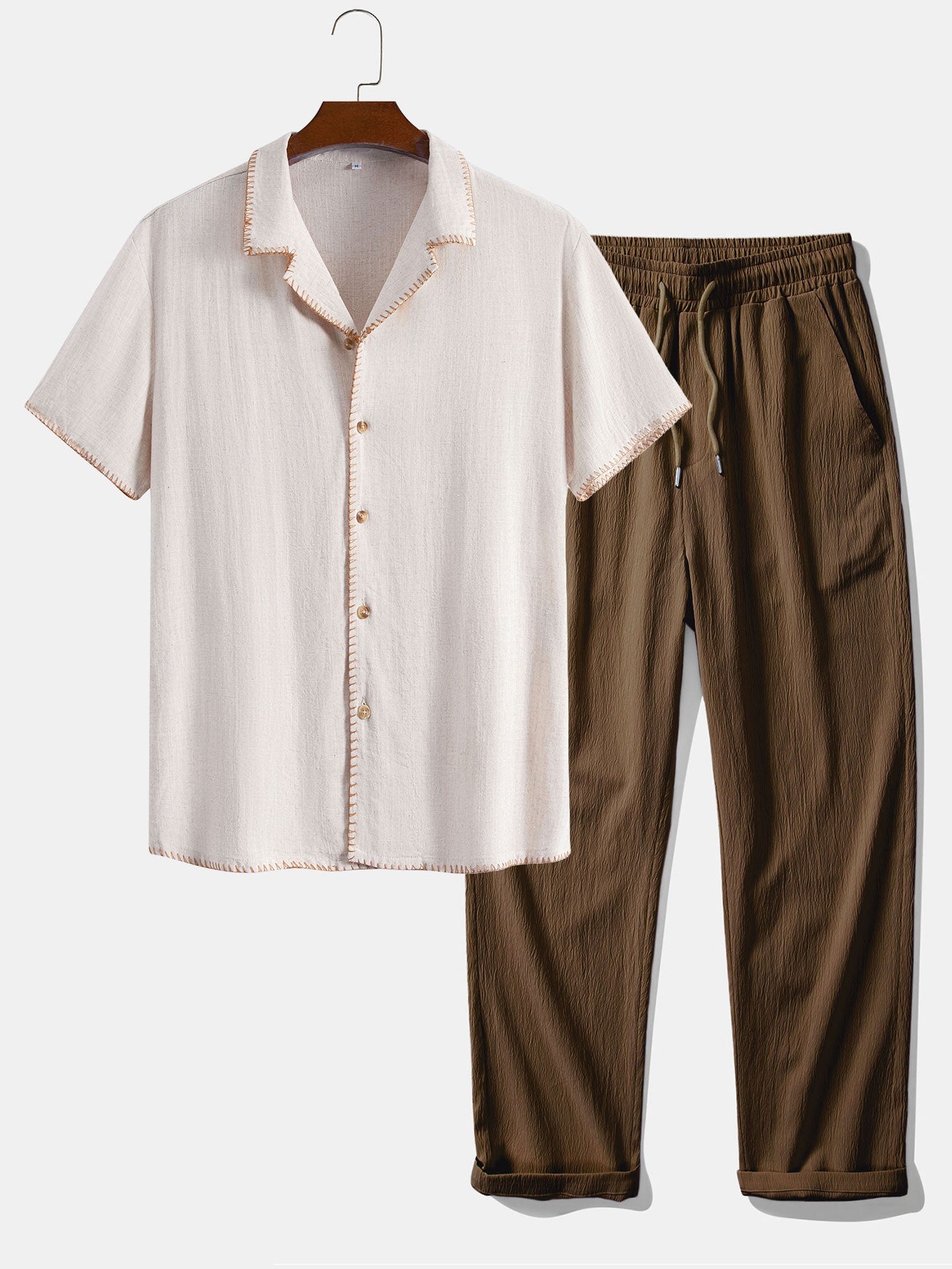 Contrast Stitching Linen Rayon Blend Cuban Shirt & Crinkle Textured Pants Set