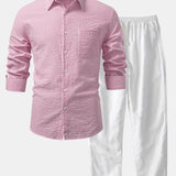 Seersucker Striped Shirt & Straight Leg Linen Pants Set