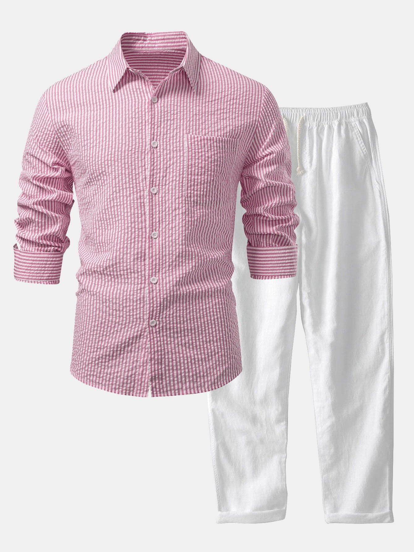 Seersucker Striped Shirt & Straight Leg Linen Pants Set