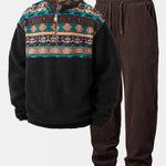 Quarter Zip Ethnic Geometric Patchwork Teddy Sweatshirt & Corduroy Jogger Set