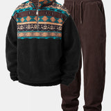 Quarter Zip Ethnic Geometric Patchwork Teddy Sweatshirt & Corduroy Jogger Set