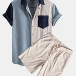 Short Sleeve Corduroy Patchwork Shirt & Corduroy Drawstring Shorts Set