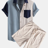 Short Sleeve Corduroy Patchwork Shirt & Corduroy Drawstring Shorts Set