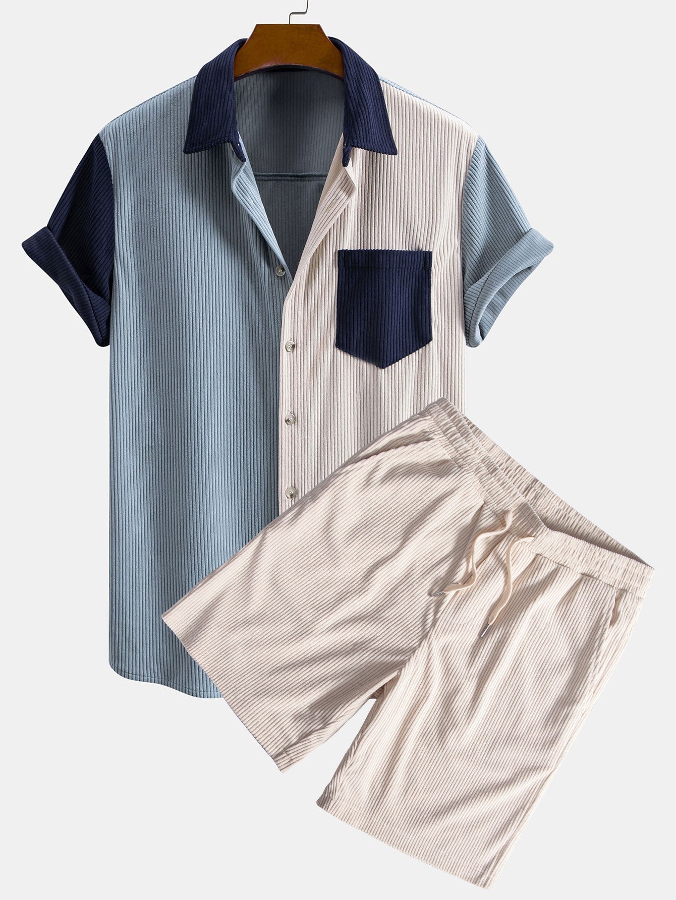 Short Sleeve Corduroy Patchwork Shirt & Corduroy Drawstring Shorts Set