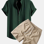 Short Sleeve Linen Shirt & Crinkle Textured Drawstring 5" Shorts Set