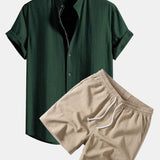 Short Sleeve Linen Shirt & Crinkle Textured Drawstring 5" Shorts Set