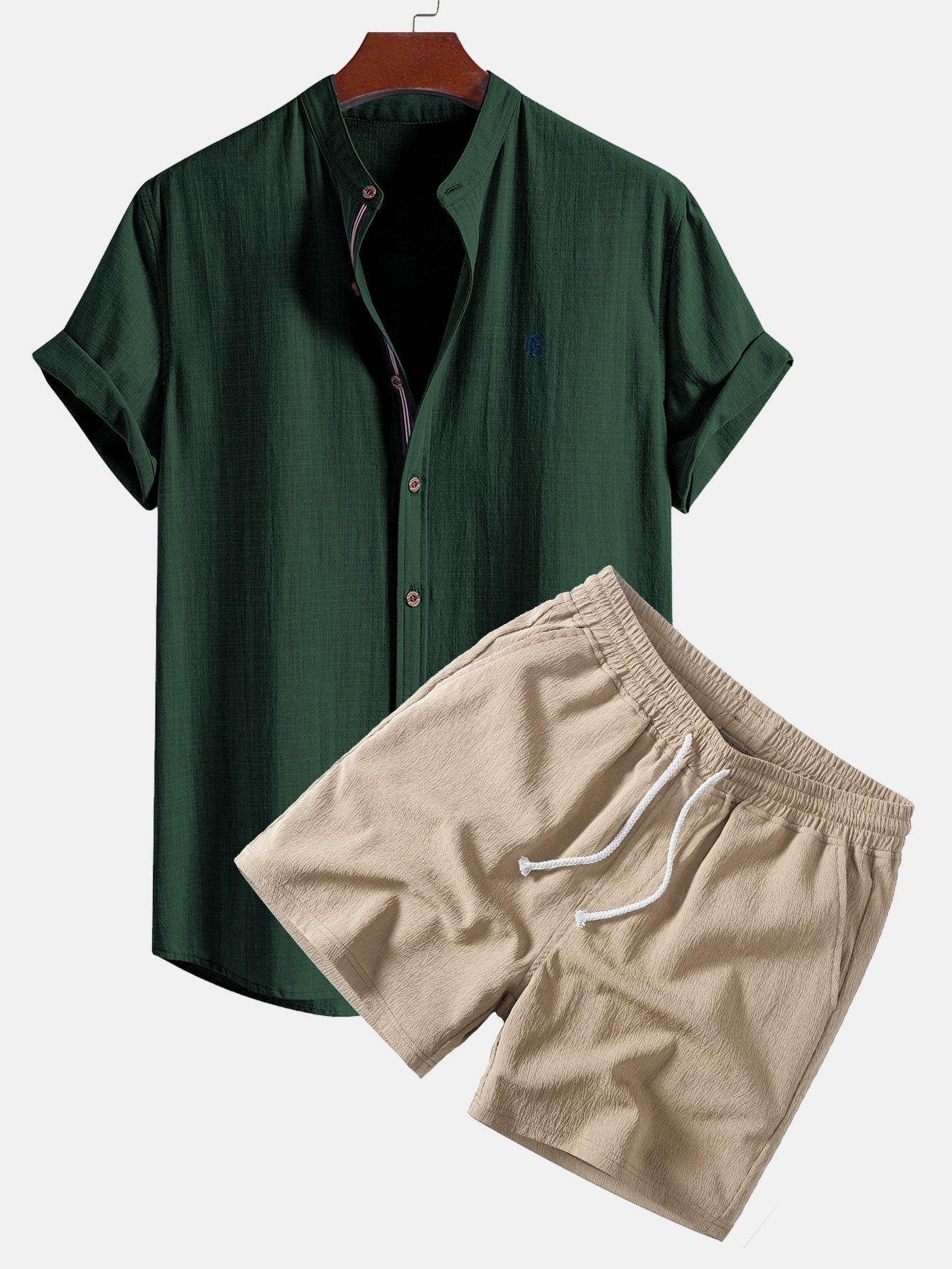 Short Sleeve Linen Shirt & Crinkle Textured Drawstring 5" Shorts Set