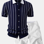 Stripe Button Up Knit Shirt & Elastic Waist Chino Shorts Set