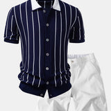 Stripe Button Up Knit Shirt & Elastic Waist Chino Shorts Set