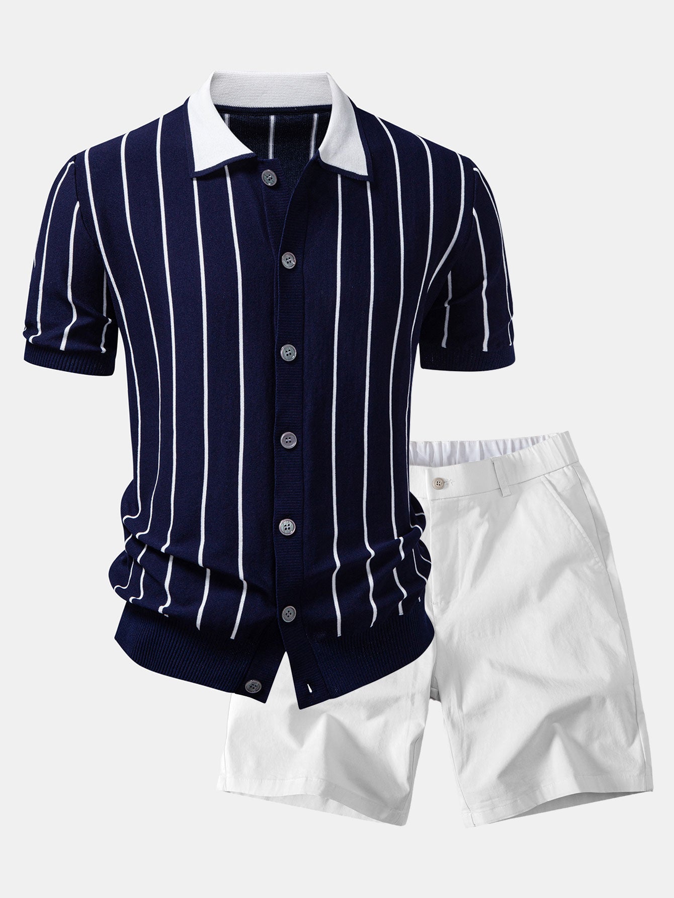 Stripe Button Up Knit Shirt & Elastic Waist Chino Shorts Set