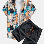 Cartoon Cat Print Shirt & Drawstring Swim Shorts Set