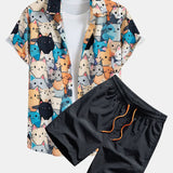 Cartoon Cat Print Shirt & Drawstring Swim Shorts Set