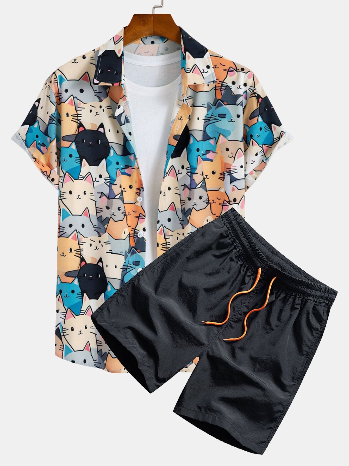 Cartoon Cat Print Shirt & Drawstring Swim Shorts Set