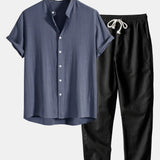 Linen and Rayon Blend Stand Collar Shirt & Linen Pants Set