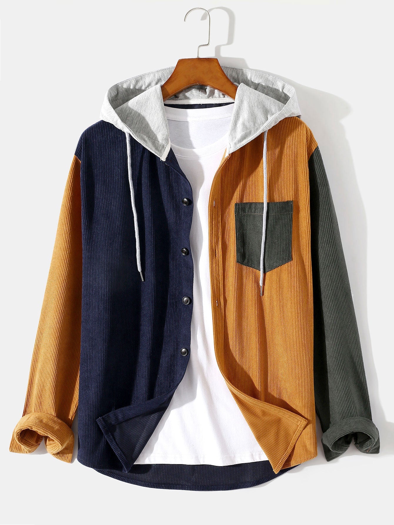 Long Sleeve Color Block Hooded Corduroy Overshirt