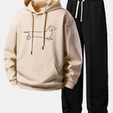 Line Dachshund Print Relax Fit Hoodie & Pleated Pintuck Sweatpants Set