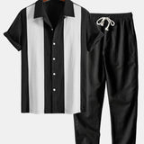 Linen Patchwork Bowling Shirt & Straight Leg Linen Pants Set